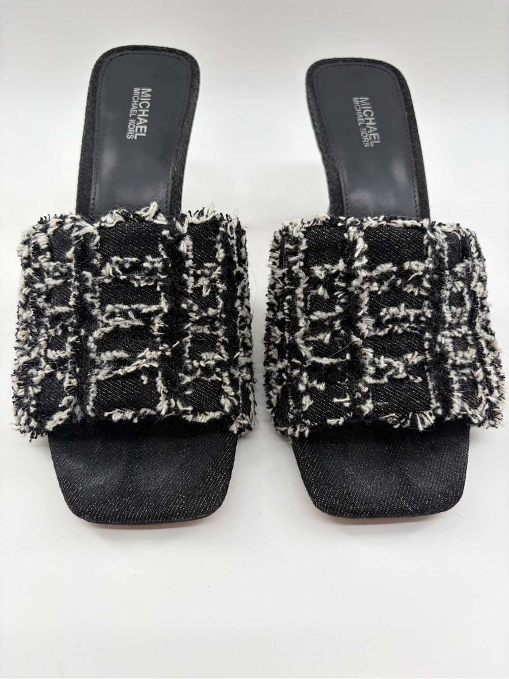 MICHAEL Michael Kors Black & White Frayed Tweed Slide Mules size 8.5 Heels